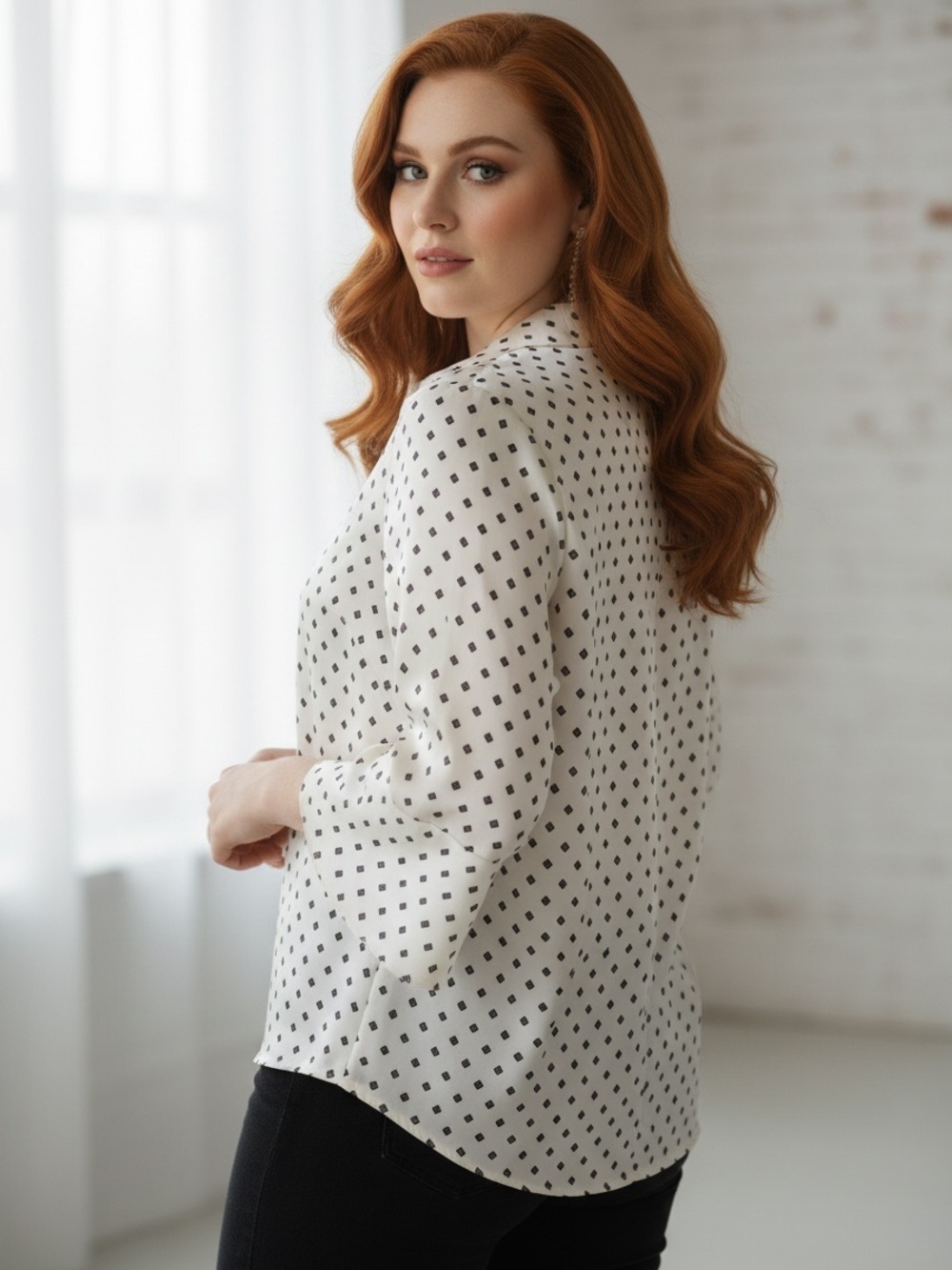 Vince Camuto Cream Satin Blouse with Black Diamond Print - Picture 3 of 8